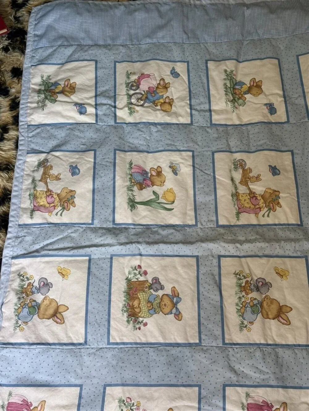 Vintage Baby Quilt Blanket Mother Goose Reversible Bunnies 33 x 52